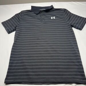 Under Armour Youth Boys Golf Polo Shirt Black White Stripe Short Sleeve Size YLG